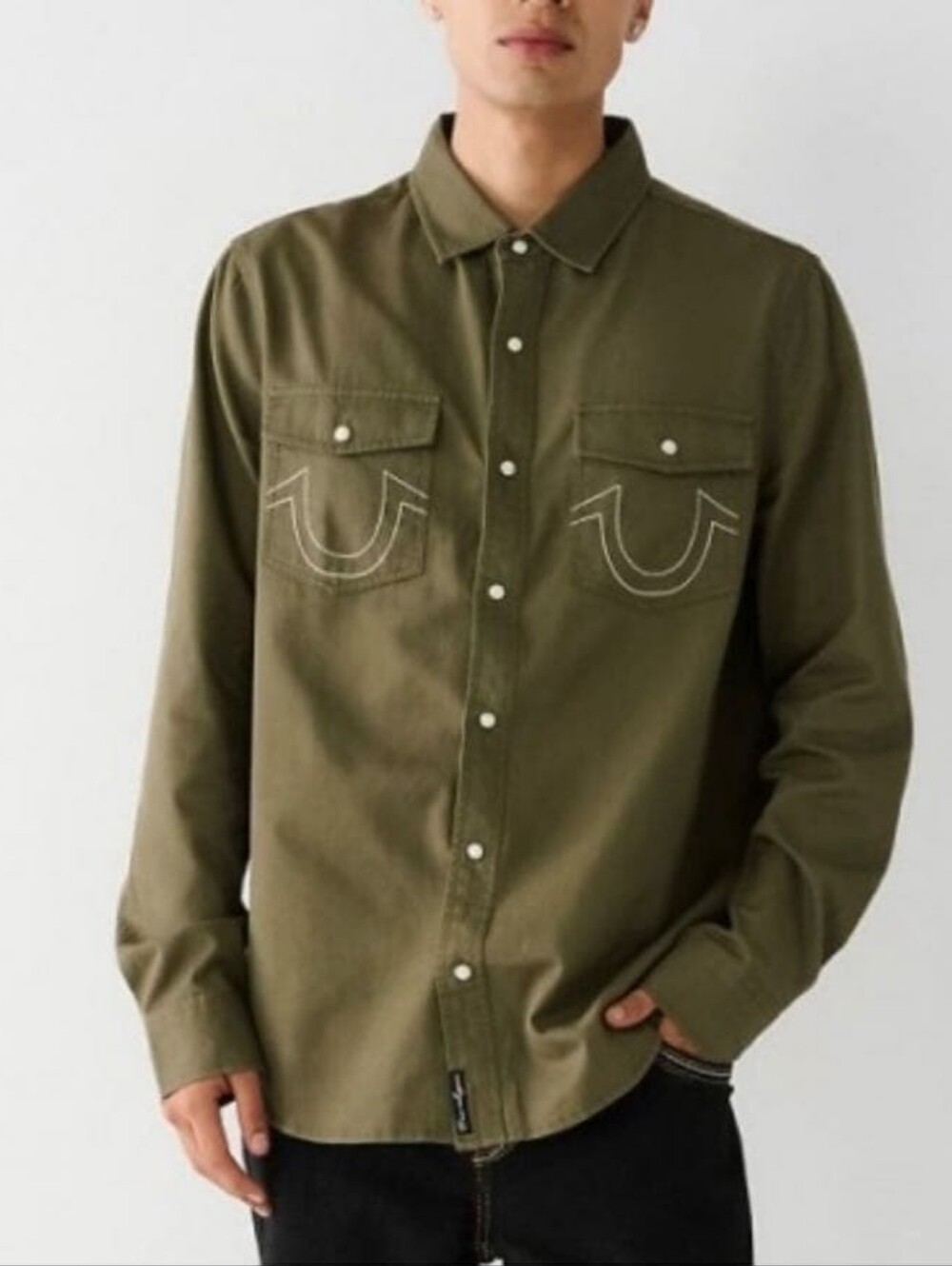 True Religion Olive Green Overshirt Shacket Snap Button Shirt Men XL